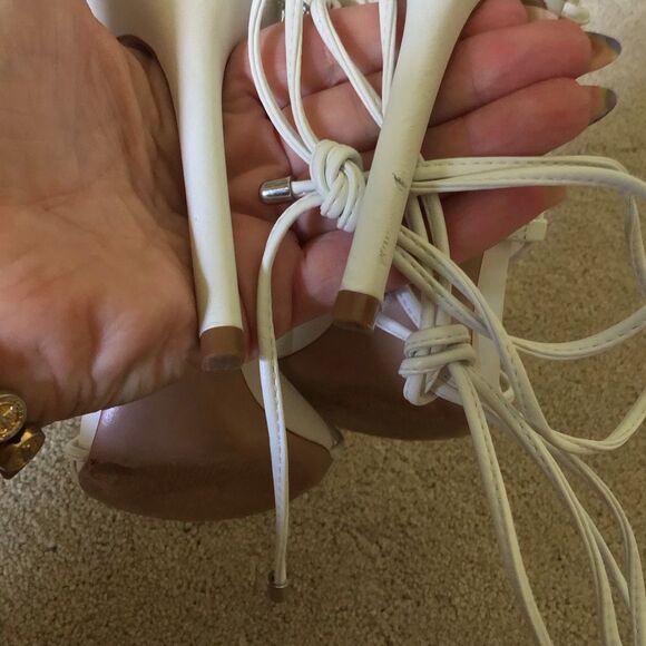 Schutz Kallie Nappa 8B White Leather Strappy 3'' Rhinestone Lace Up Heel's - Picture 10 of 10